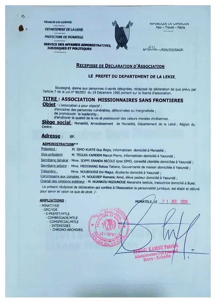 Récépissé de déclaration de l'Association Missionnaires Sans Frontières
